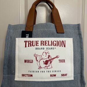 True Religion Denim Blue and Tan Tote with strap New
